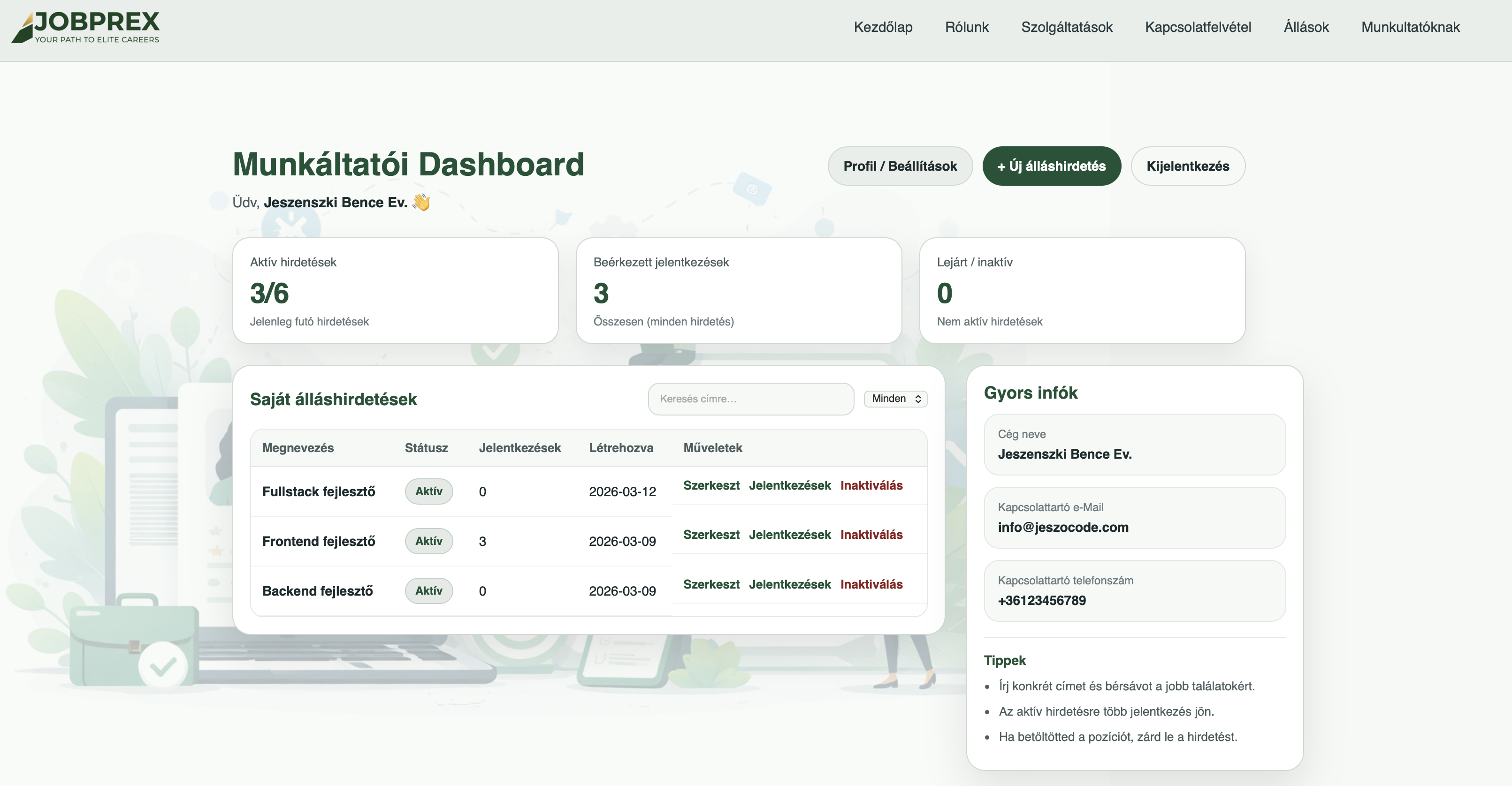 Időpontfoglaló rendszer dashboard weboldal fejlesztés referencia JeszoSlot